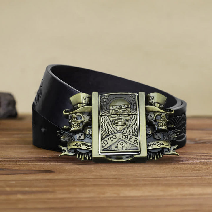 Cinturón de cuero de bronce con tres calaveras Joker para hombre con encendedor oculto