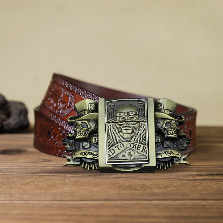 Cinturón de cuero de bronce con tres calaveras Joker para hombre con encendedor oculto