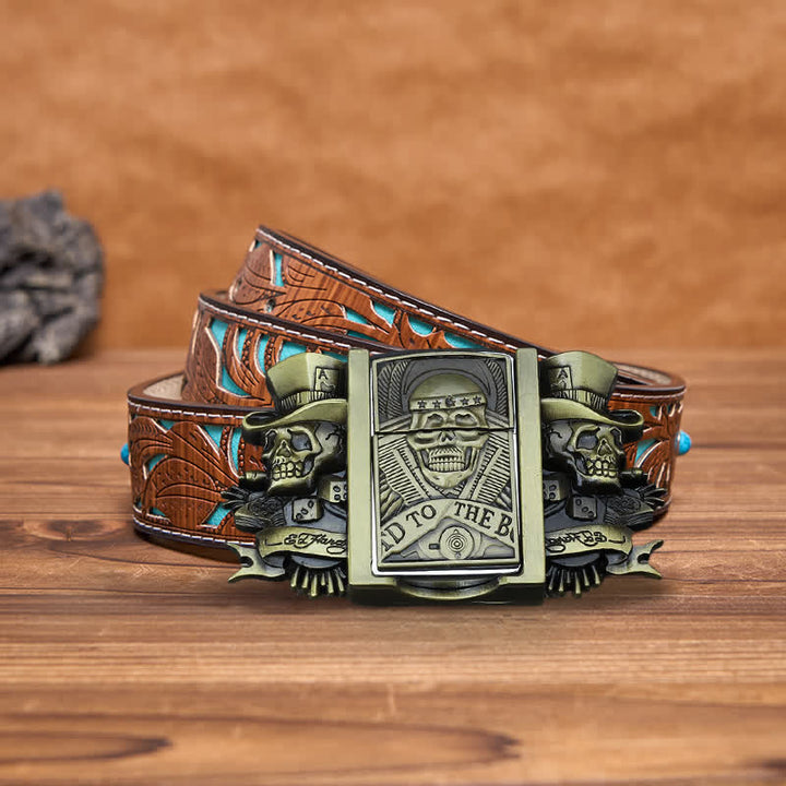 Cinturón de cuero de bronce con tres calaveras Joker para hombre con encendedor oculto