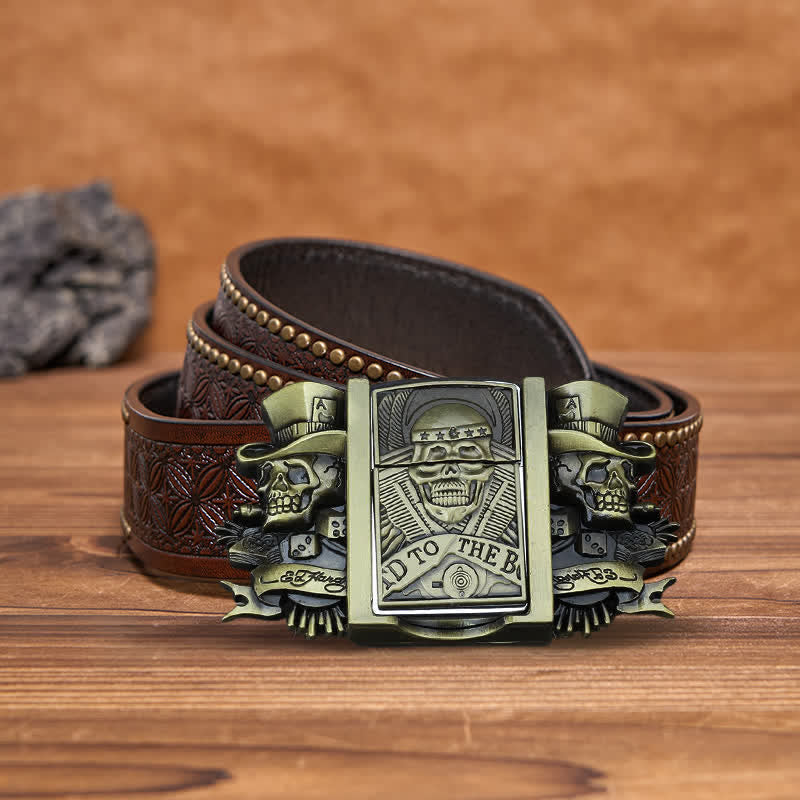 Cinturón de cuero de bronce con tres calaveras Joker para hombre con encendedor oculto