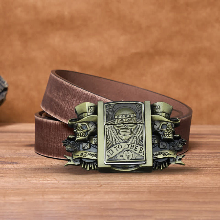 Cinturón de cuero de bronce con tres calaveras Joker para hombre con encendedor oculto
