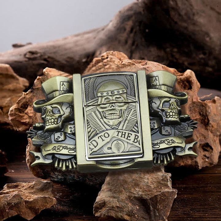 Cinturón de cuero de bronce con tres calaveras Joker para hombre con encendedor oculto