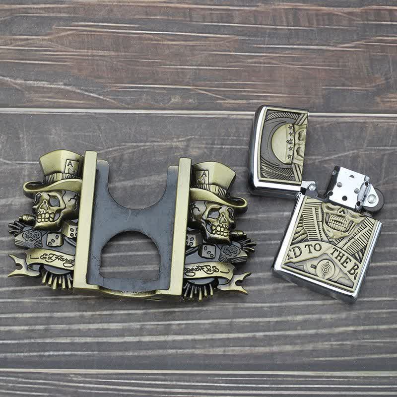 Cinturón de cuero de bronce con tres calaveras Joker para hombre con encendedor oculto