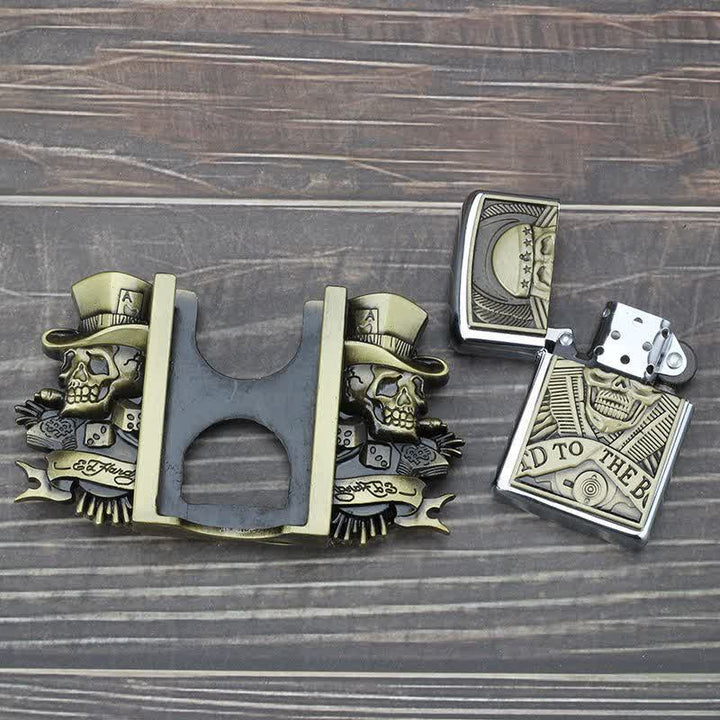 Cinturón de cuero de bronce con tres calaveras Joker para hombre con encendedor oculto