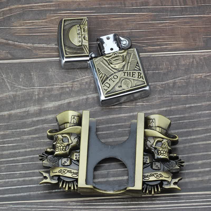 Cinturón de cuero de bronce con tres calaveras Joker para hombre con encendedor oculto