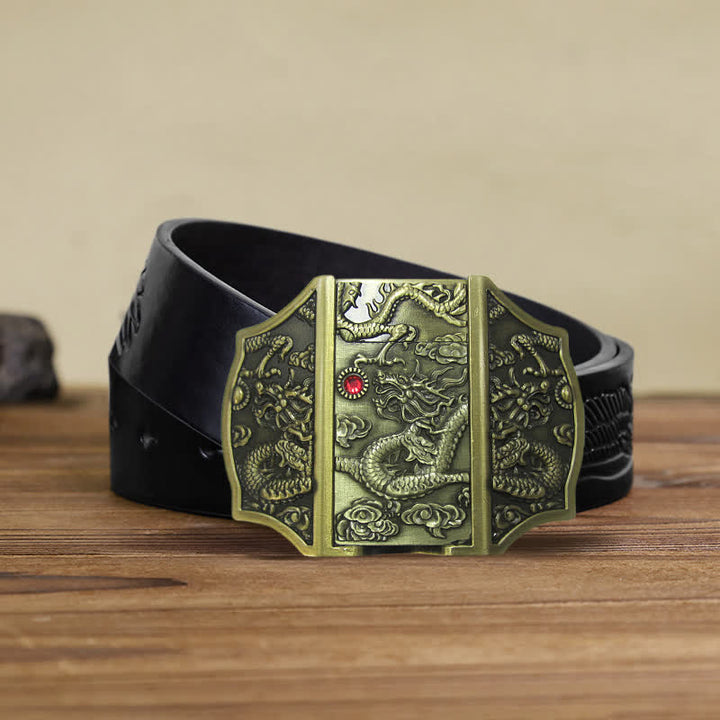 Cinturón de piel con forma de dragón de bronce para hombre, con encendedor oculto, hecho a mano