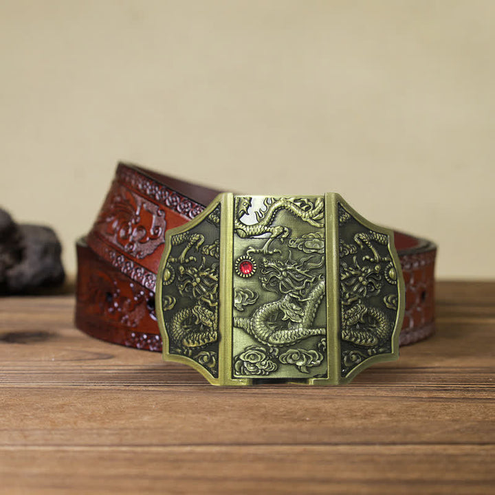 Cinturón de piel con forma de dragón de bronce para hombre, con encendedor oculto, hecho a mano