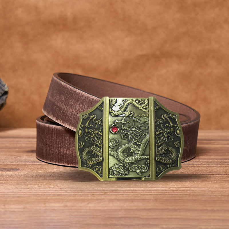 Cinturón de piel con forma de dragón de bronce para hombre, con encendedor oculto, hecho a mano