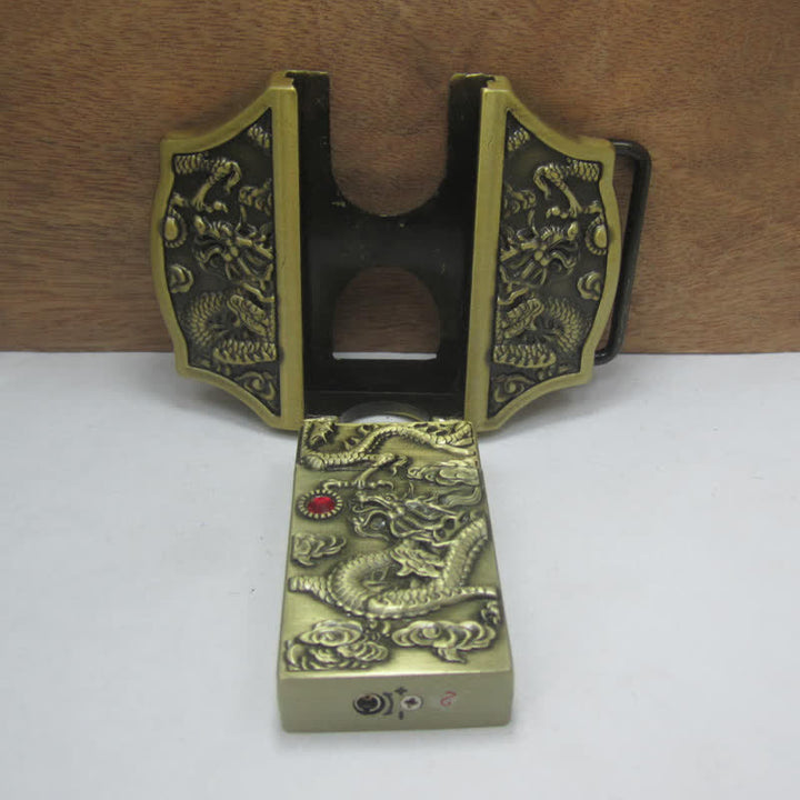 Cinturón de piel con forma de dragón de bronce para hombre, con encendedor oculto, hecho a mano