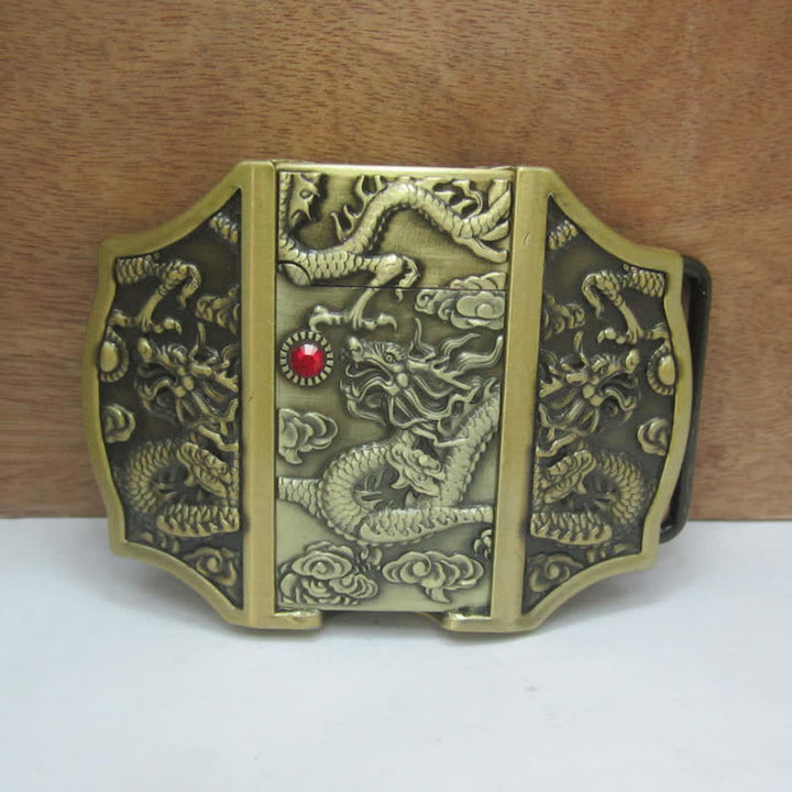 Cinturón de piel con forma de dragón de bronce para hombre, con encendedor oculto, hecho a mano