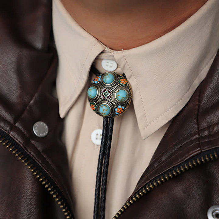 Corbata de bolo con flores esmaltadas en turquesa azul antiguo