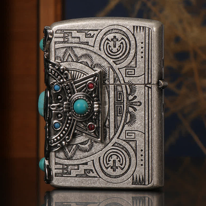 Encendedor de quesoseno recargable de color turquesa azul con plumas indias