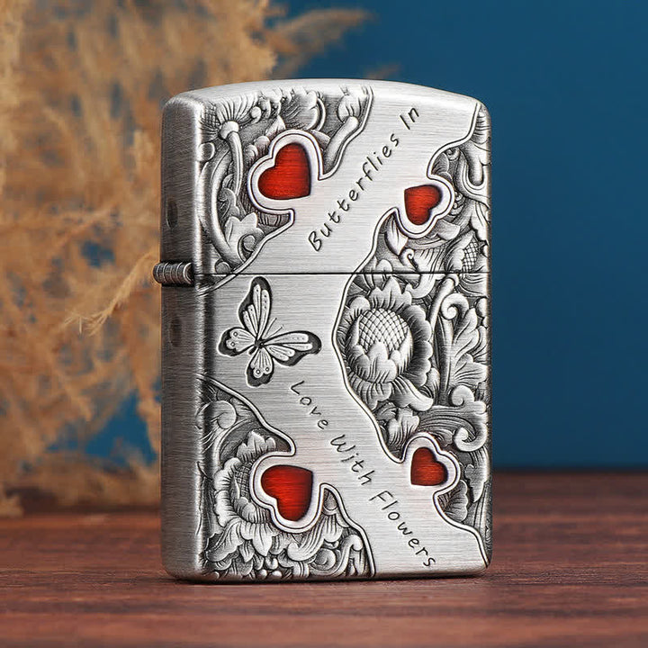 Encendedor de queroseno recargable con diseño de mariposas y flores