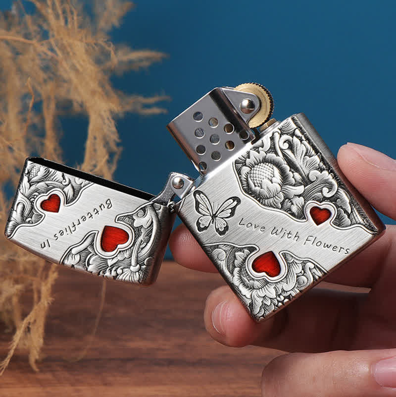 Encendedor de queroseno recargable con diseño de mariposas y flores