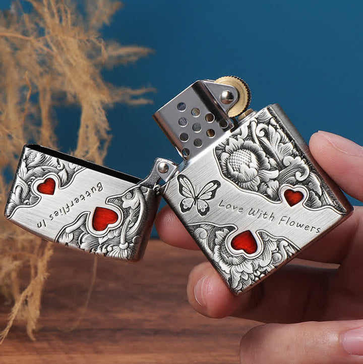 Encendedor de queroseno recargable con diseño de mariposas y flores