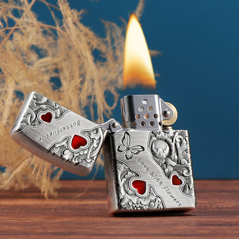 Encendedor de queroseno recargable con diseño de mariposas y flores