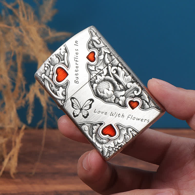 Encendedor de queroseno recargable con diseño de mariposas y flores