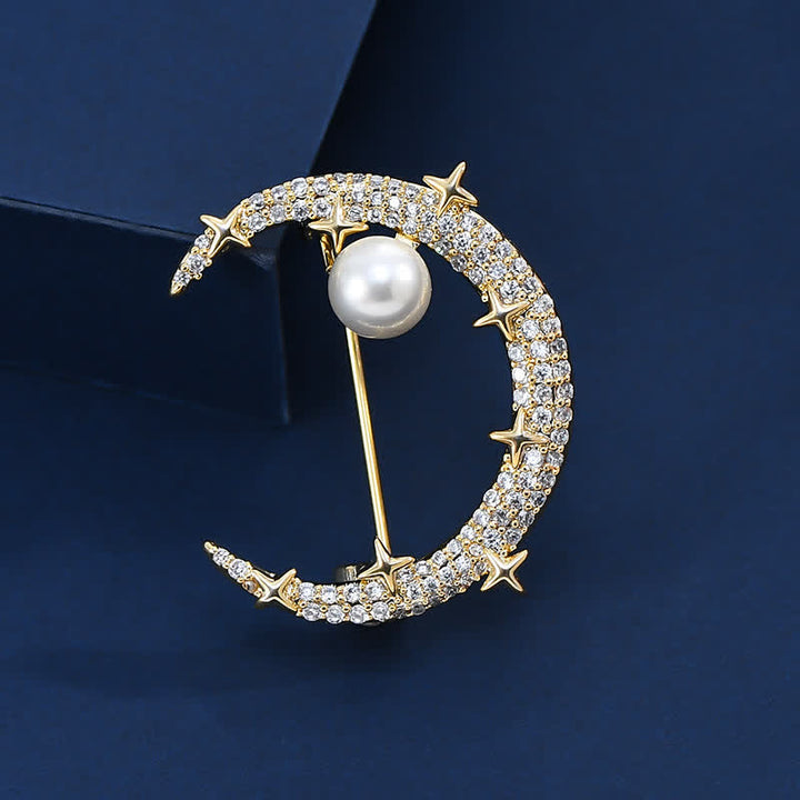 Broche de luna y estrella con diamantes de imitación para mujer