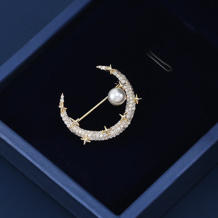 Broche de luna y estrella con diamantes de imitación para mujer