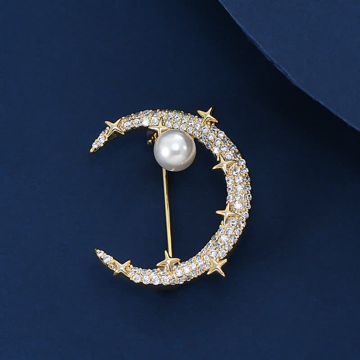 Broche de luna y estrella con diamantes de imitación para mujer