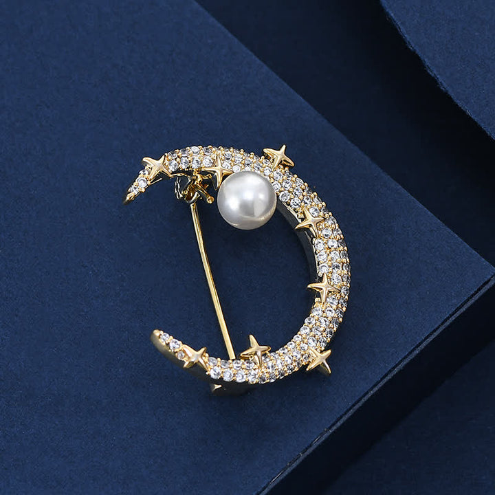 Broche de luna y estrella con diamantes de imitación para mujer