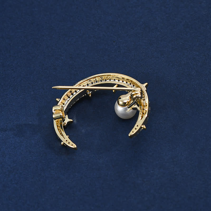 Broche de luna y estrella con diamantes de imitación para mujer
