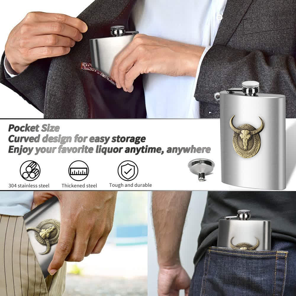 Botella portátil con forma de cabeza de toro, sencilla y elegante, con embudo pequeño