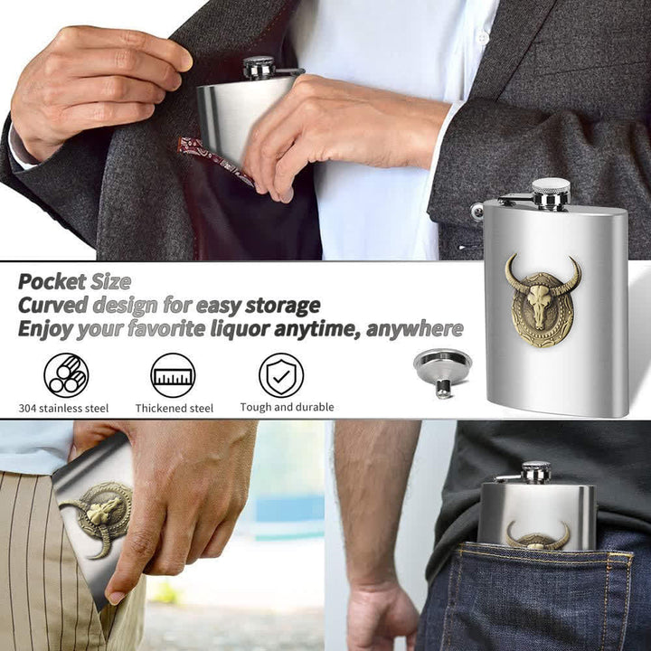 Botella portátil con forma de cabeza de toro, sencilla y elegante, con embudo pequeño
