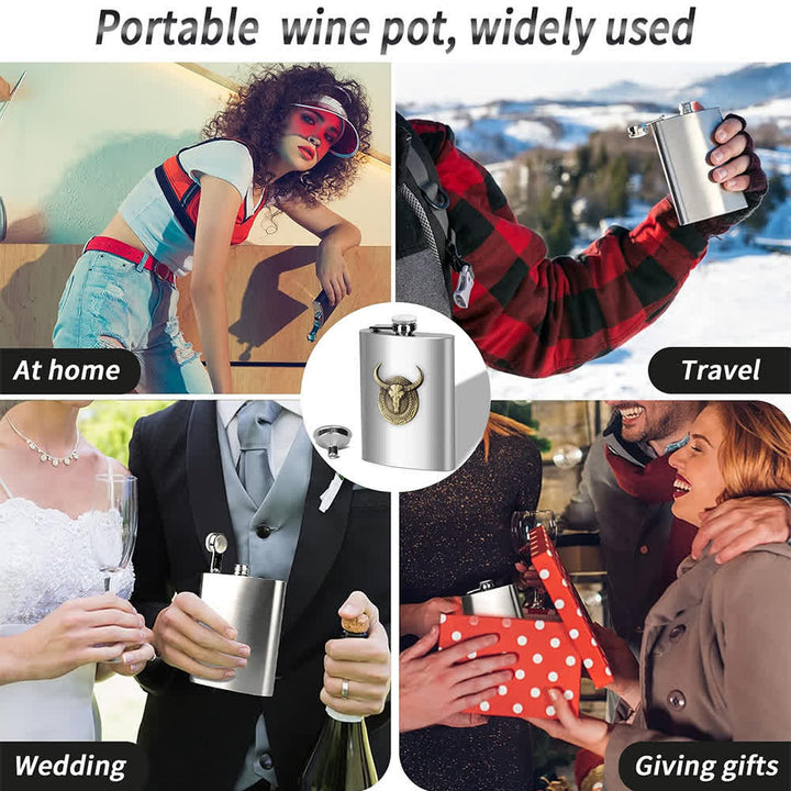 Botella portátil con forma de cabeza de toro, sencilla y elegante, con embudo pequeño