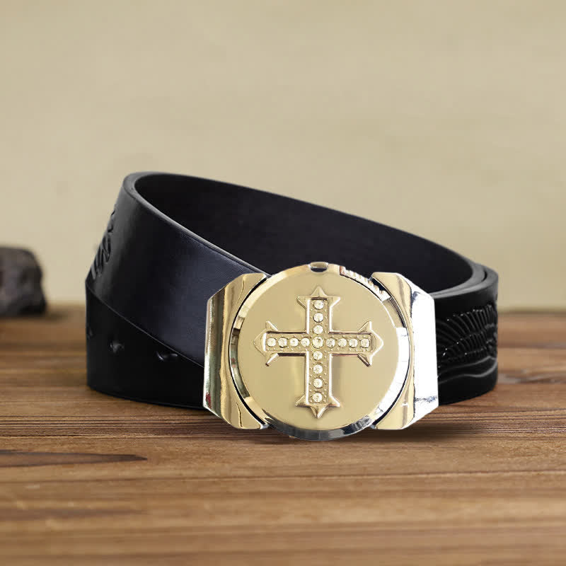 Cinturón de cuero de bronce con diamantes de imitación y encendedor oculto para hombre