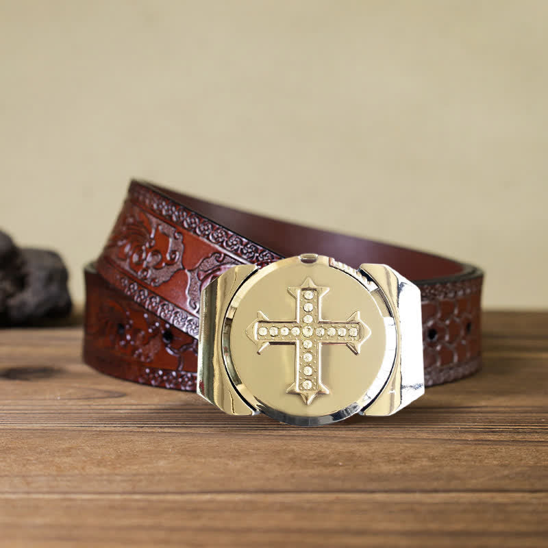 Cinturón de cuero de bronce con diamantes de imitación y encendedor oculto para hombre