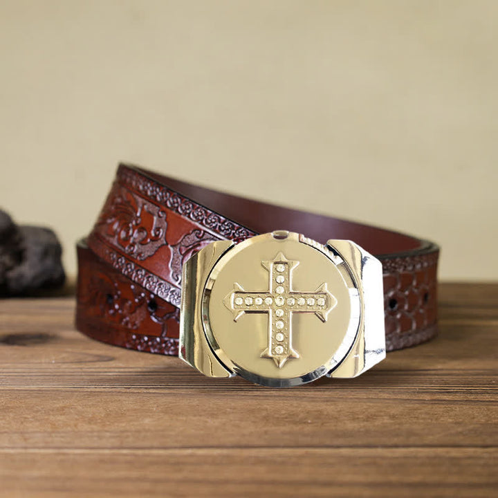 Cinturón de cuero de bronce con diamantes de imitación y encendedor oculto para hombre