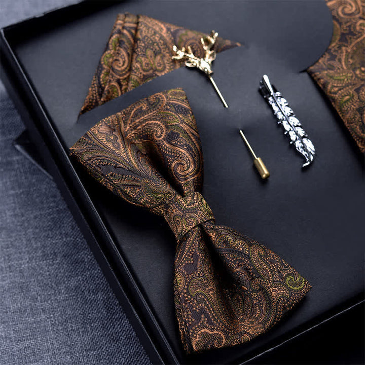 Caja de regalo con 5 pajaritas de cachemira en marrón oscuro y negro para hombre