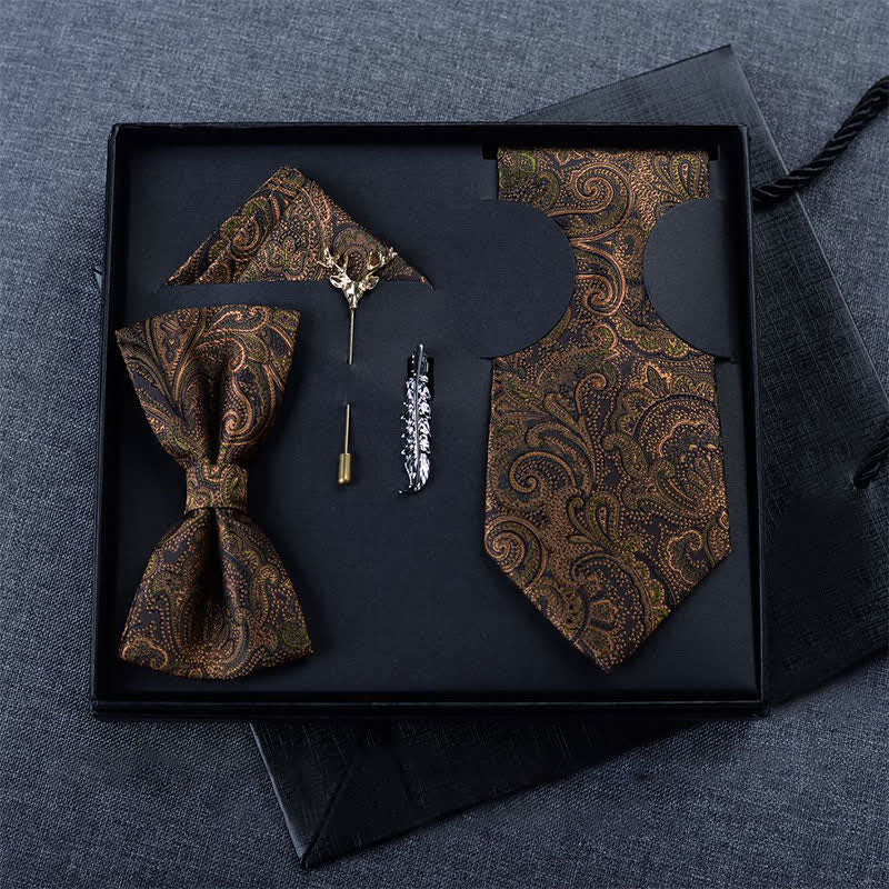 Caja de regalo con 5 pajaritas de cachemira en marrón oscuro y negro para hombre