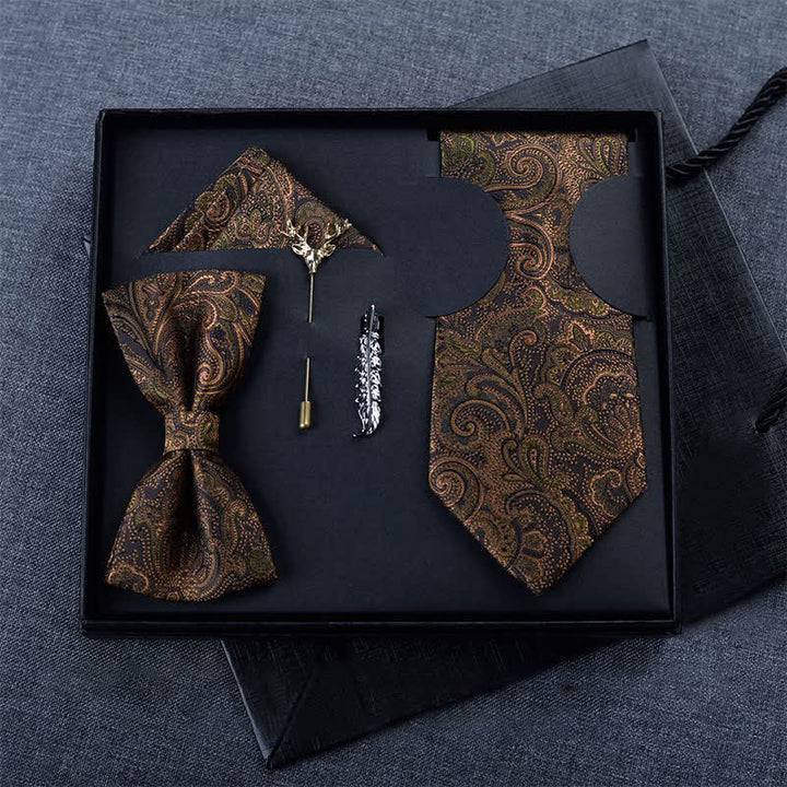 Caja de regalo con 5 pajaritas de cachemira en marrón oscuro y negro para hombre