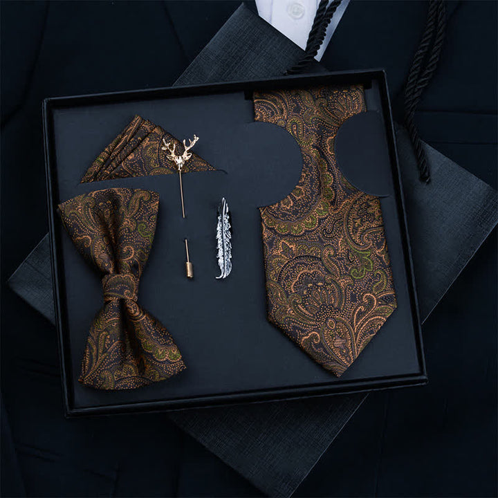 Caja de regalo con 5 pajaritas de cachemira en marrón oscuro y negro para hombre