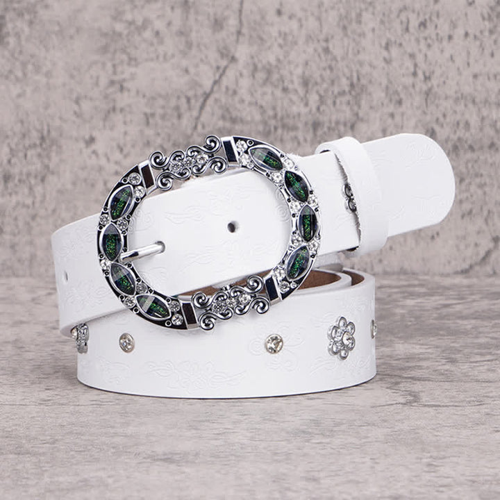 Cinturón de piel con diamantes de imitación en color blanco y verde oscuro con diseño floral para mujer