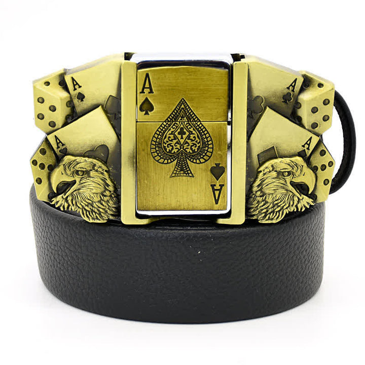 Cinturón de cuero dorado con encendedor oculto y águila para hombre en forma de póquer Ace
