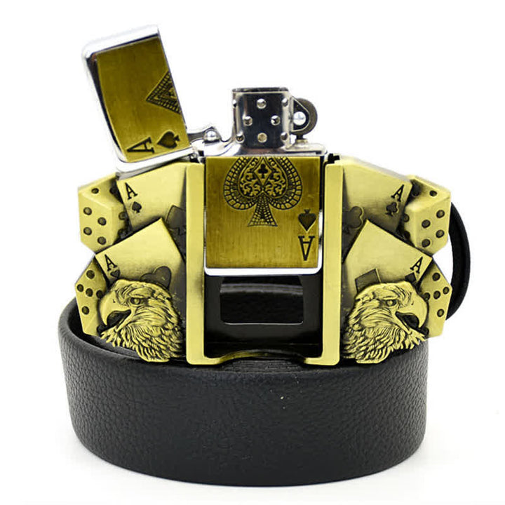 Cinturón de cuero dorado con encendedor oculto y águila para hombre en forma de póquer Ace