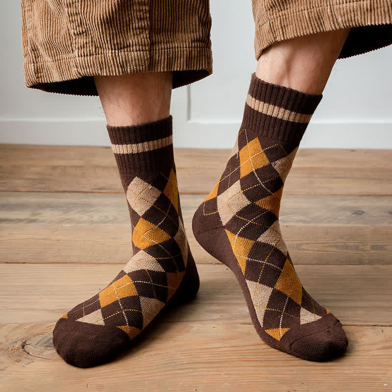 Calcetines de algodón estilo británico con cuadros de rombos