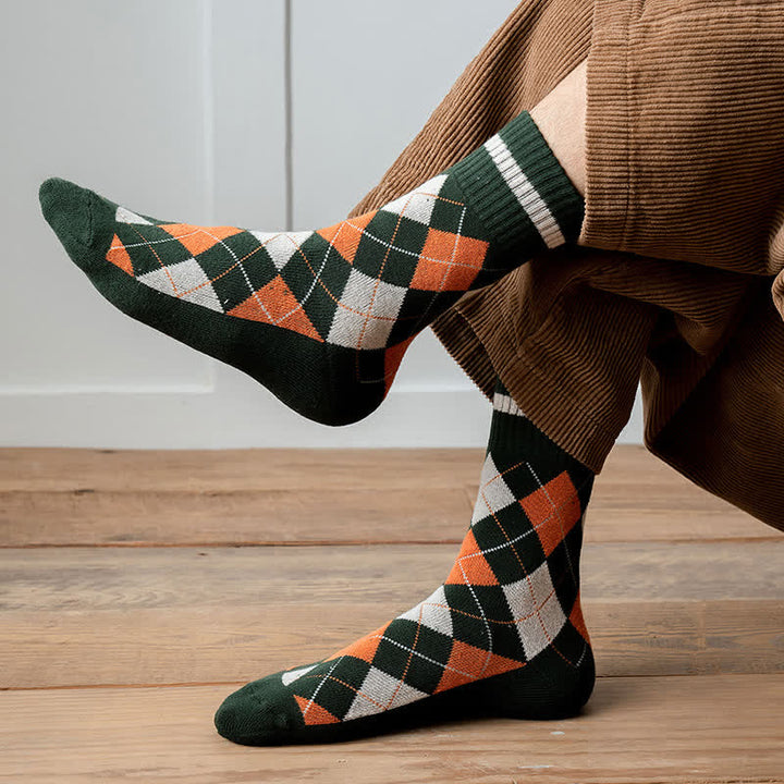 Calcetines de algodón estilo británico con cuadros de rombos