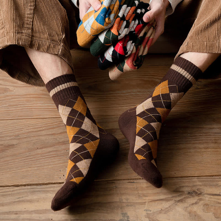 Calcetines de algodón estilo británico con cuadros de rombos