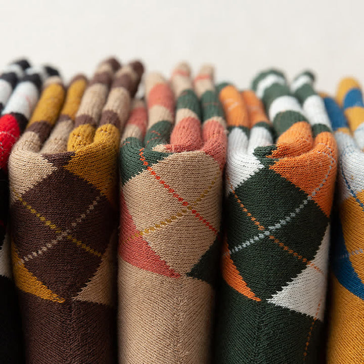 Calcetines de algodón estilo británico con cuadros de rombos