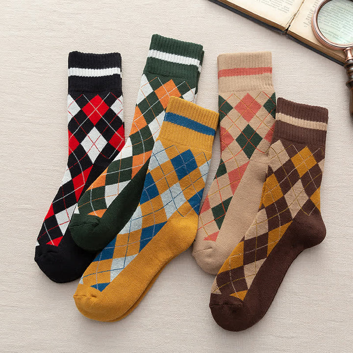 Calcetines de algodón estilo británico con cuadros de rombos