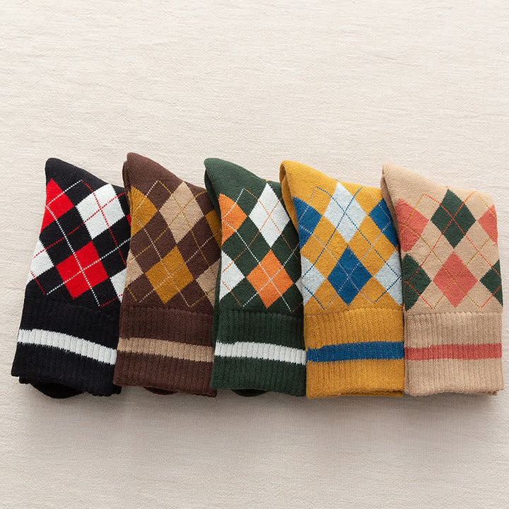 Calcetines de algodón estilo británico con cuadros de rombos