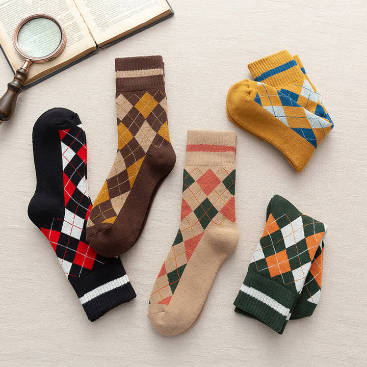 Calcetines de algodón estilo británico con cuadros de rombos