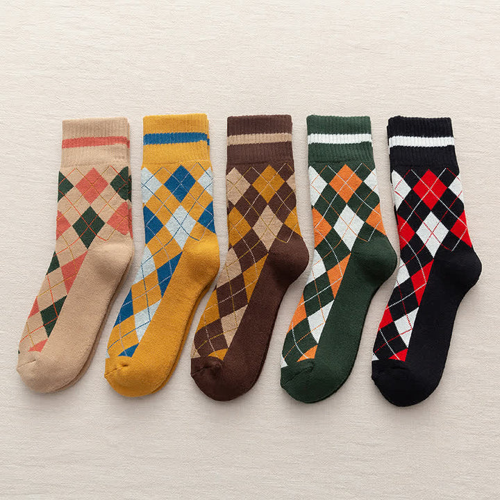 Calcetines de algodón estilo británico con cuadros de rombos