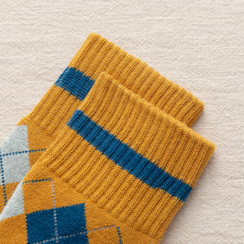 Calcetines de algodón estilo británico con cuadros de rombos