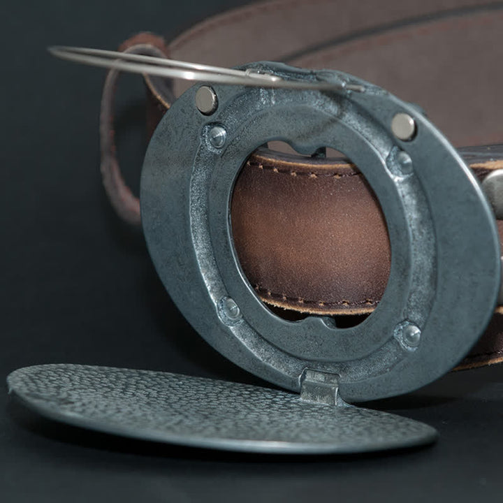 Cinturón de cuero con hebilla para hombre, con diseño creativo de flores grabadas, para llevar cerveza
