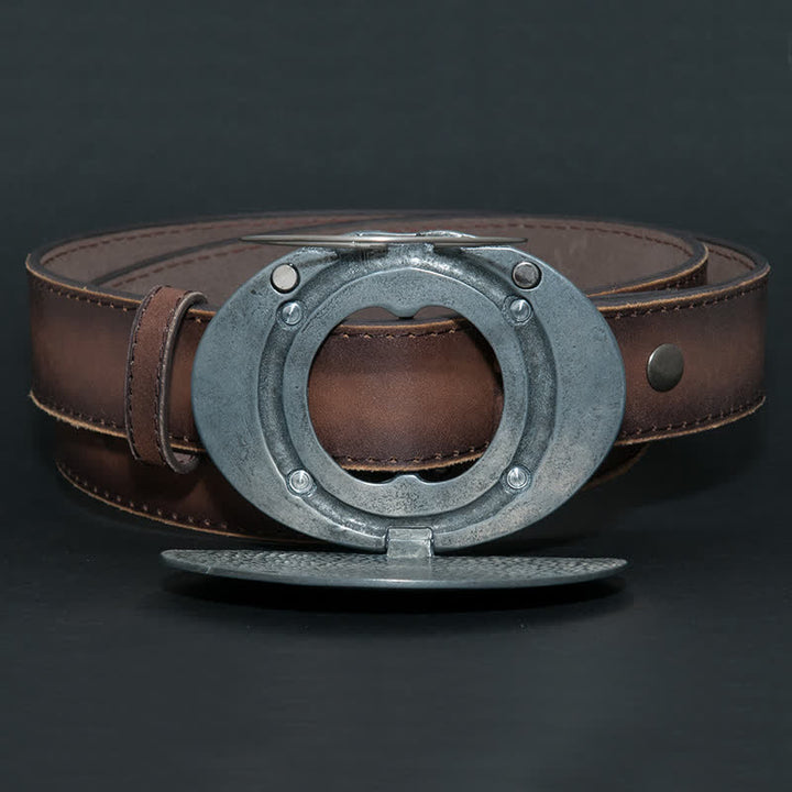 Cinturón de cuero con hebilla para hombre, con diseño creativo de ciervo tallado a mano